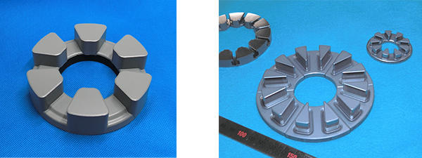 左：絶縁塗装処理した圧粉磁心、右：アキシャルギャップモータ用・圧粉磁心の例
