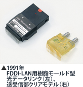1991年 FDDI-LAN用樹脂モールド型光データリンク（左）、送受信部クリアモデル（右）